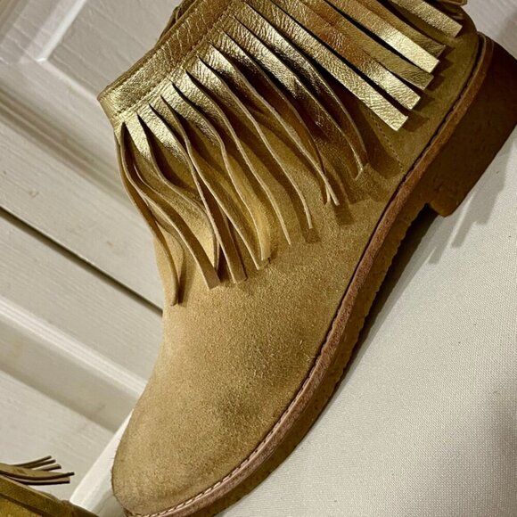 kATE SPADE ANKLE BOOTS FRINGE BOHO SUEDE GIPSY TAN/GOLD TRUFFLE SIZE 6.5 - Picture 8 of 16